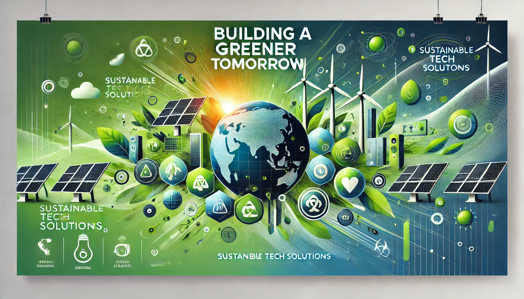 A depiction of sustainable tech solutions, including solar panels, wind turbines, and eco-friendly manufacturing.