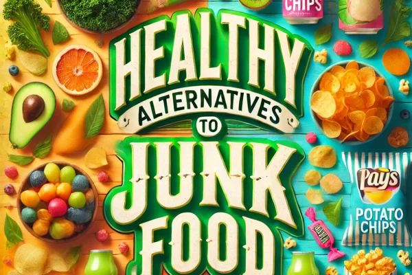 Healthy alternatives to your favorite junk foods displayed with fresh fruits, nuts, and vegetables.