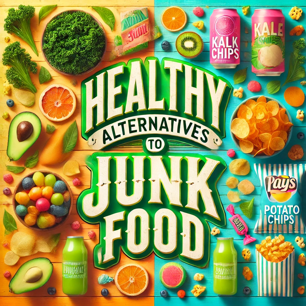 Healthy alternatives to your favorite junk foods displayed with fresh fruits, nuts, and vegetables.