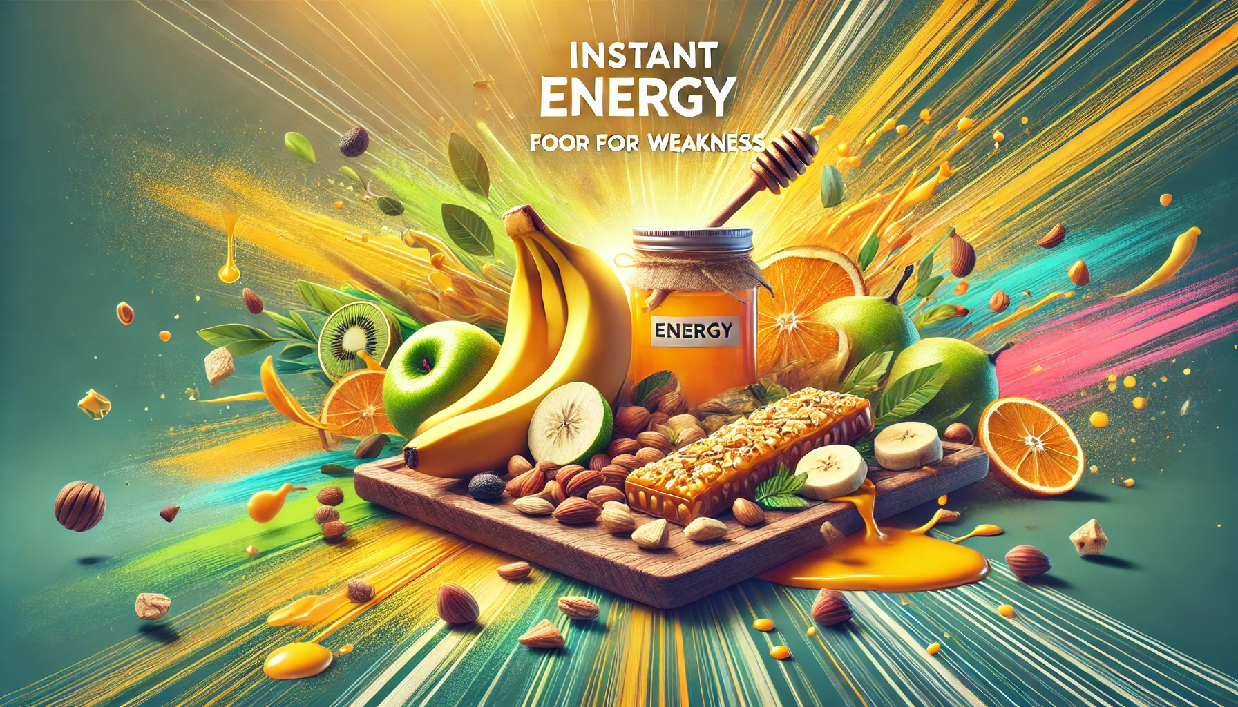 Healthy snacks including bananas, nuts, and honey as instant energy food for weakness.