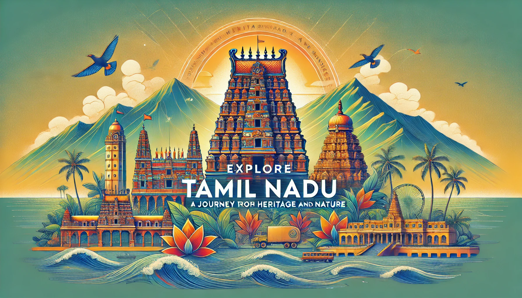 A captivating banner featuring the best places in Tamil Nadu with vibrant colors and cultural icons.
