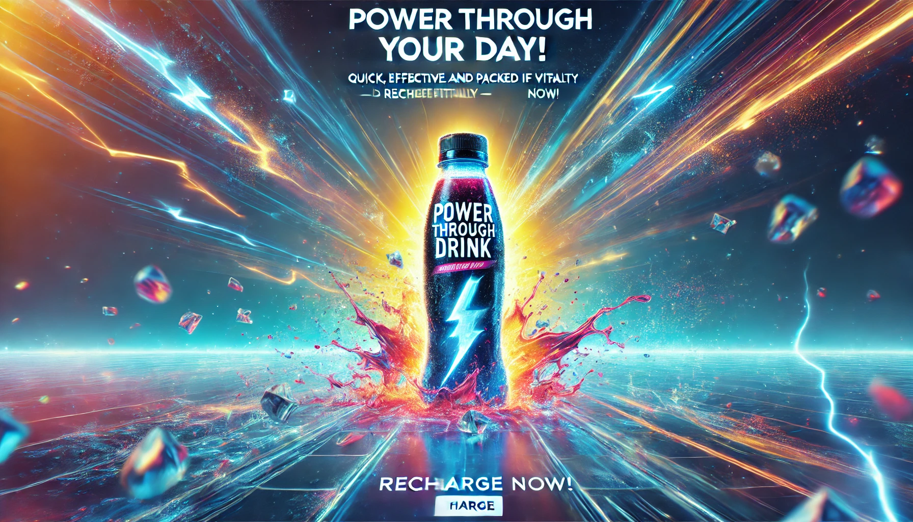 A refreshing instant energy drink for weakness with a vibrant bottle and an energetic background.