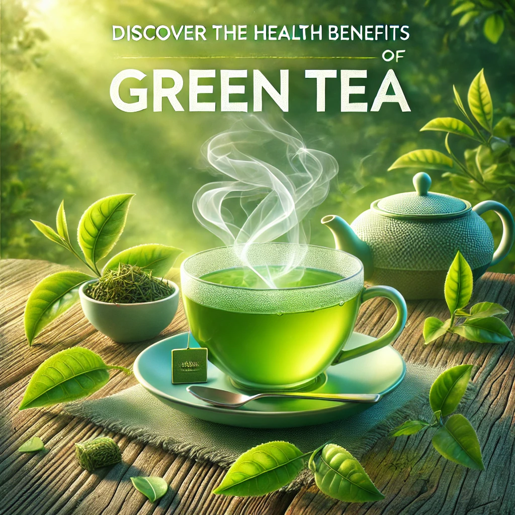 A steaming cup of green tea surrounded by fresh tea leaves and a serene background.