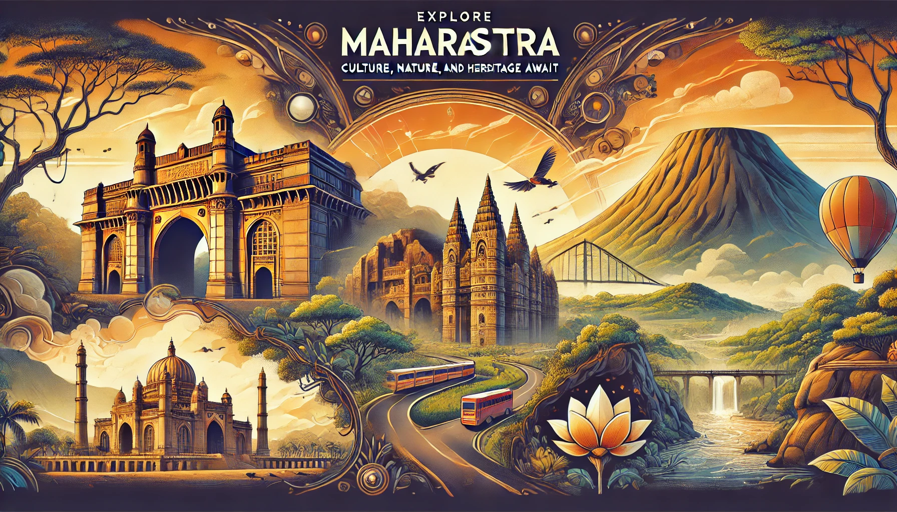 Iconic attractions of Maharashtra, including forts, caves, and beaches, representing the state's vibrant culture and nature.