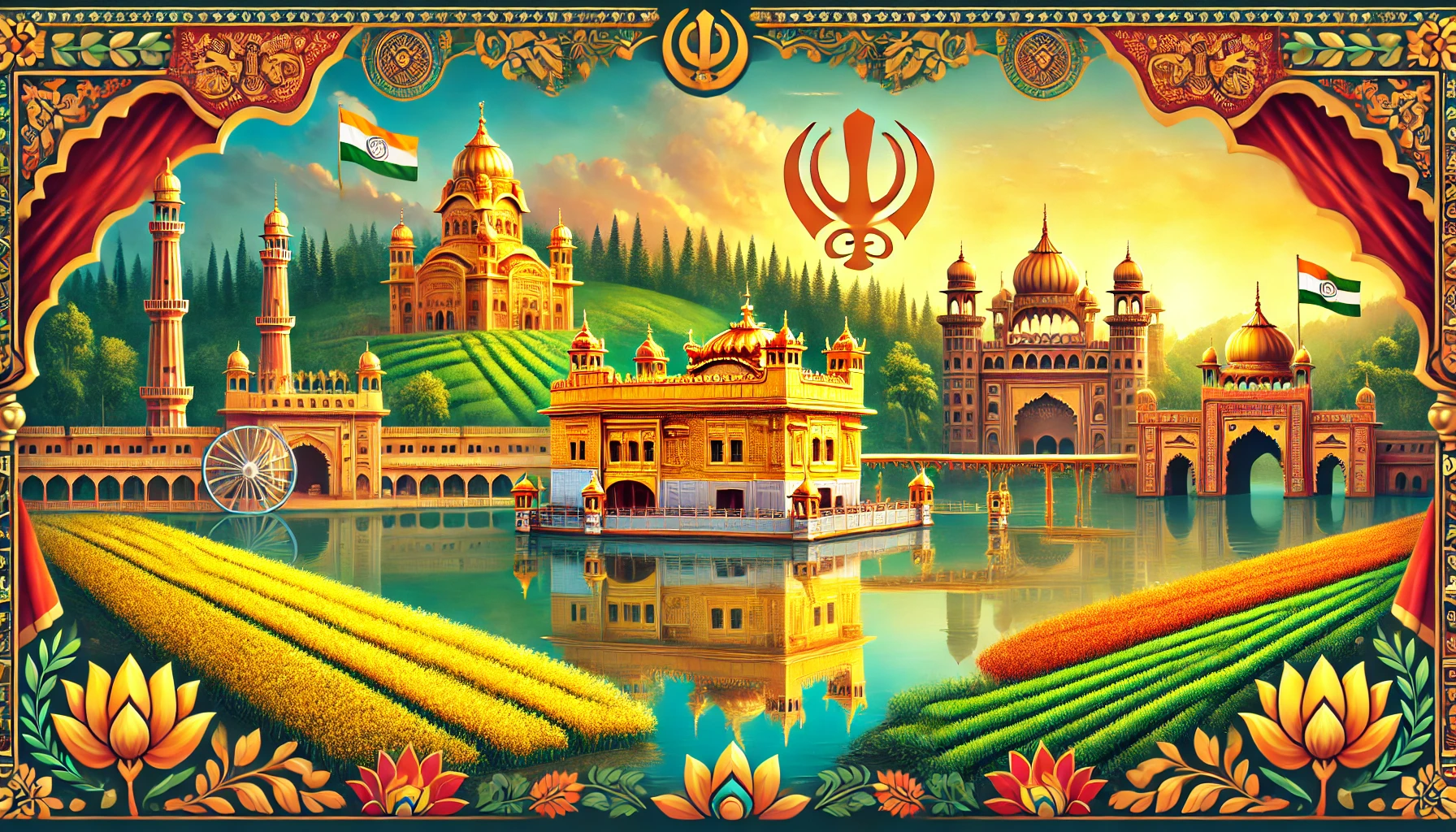 A collage of iconic destinations in Punjab, including the Golden Temple and vibrant fields of mustard.