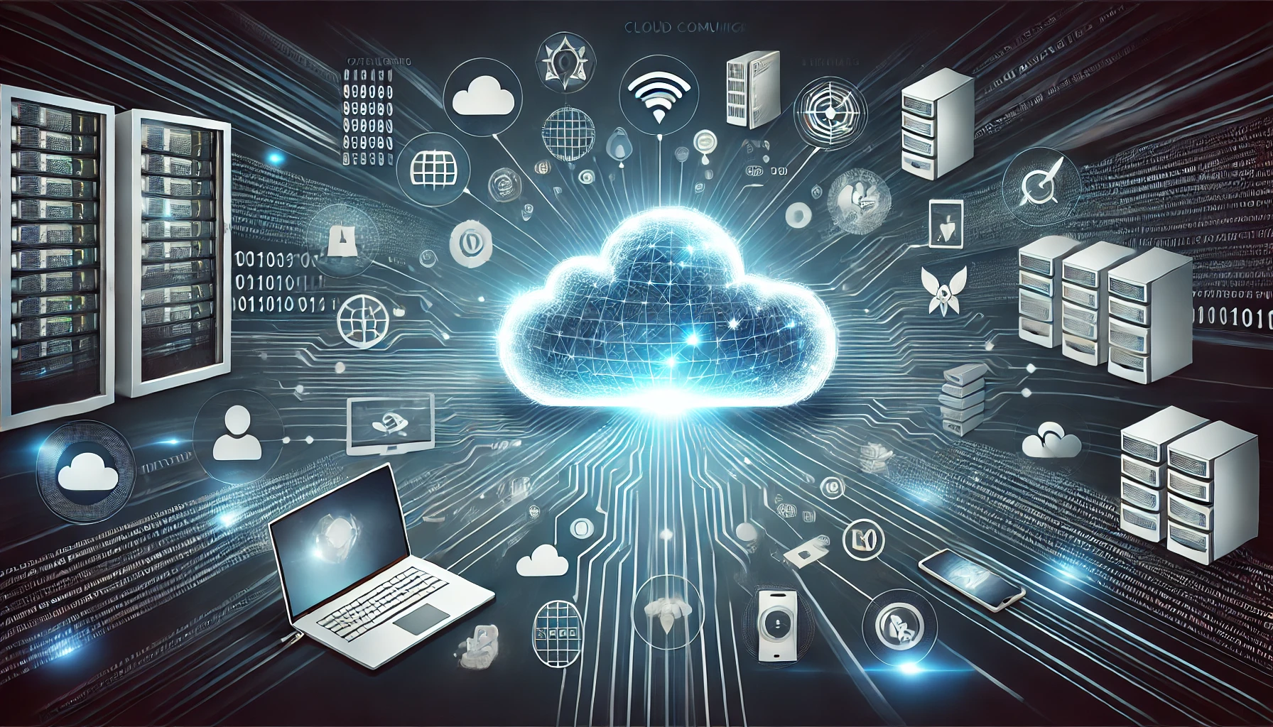 A visual representation of cloud computing with interconnected devices and cloud icons.