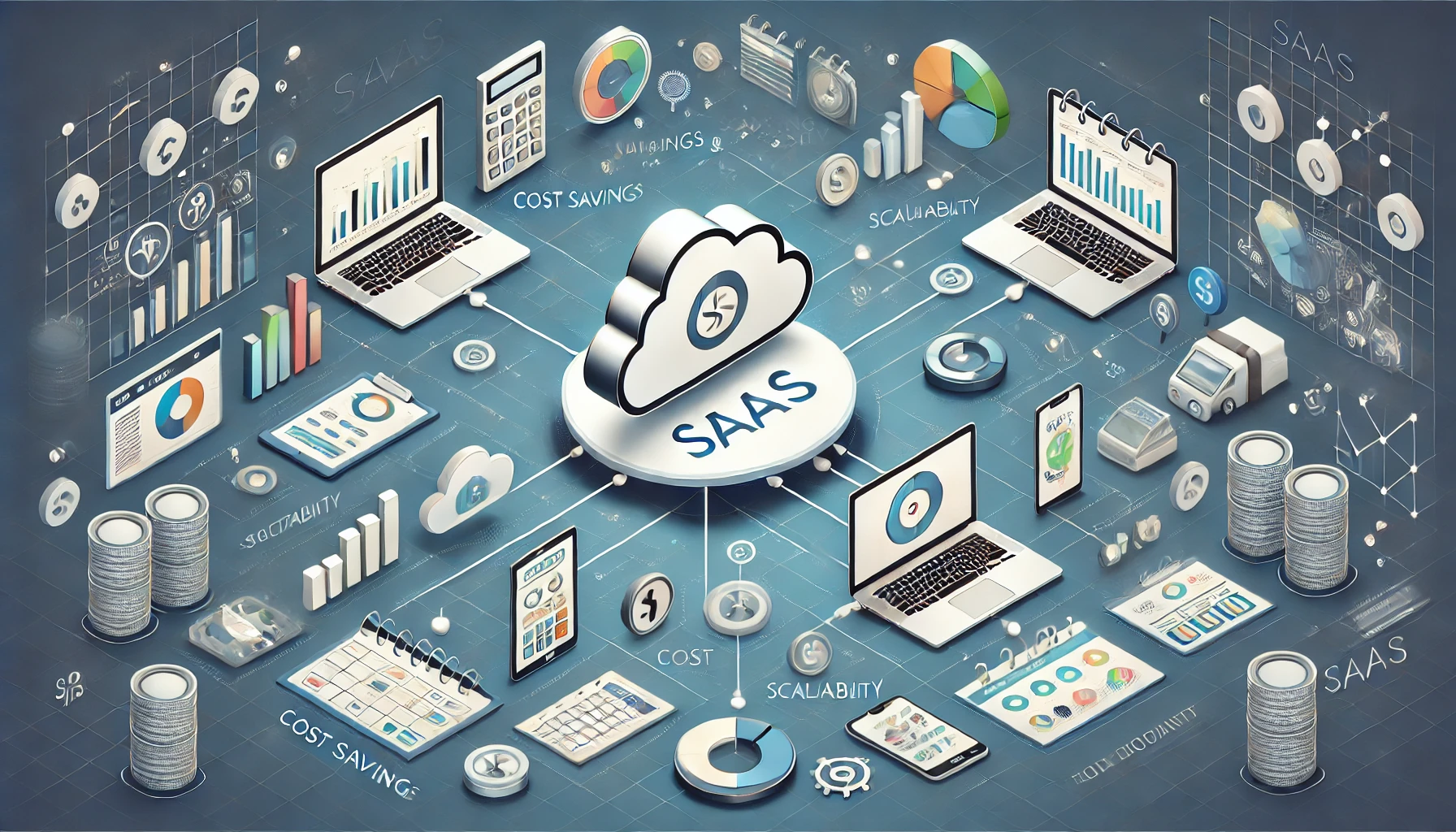 A representation of SaaS benefits for small businesses with cloud-based tools and collaborative devices.