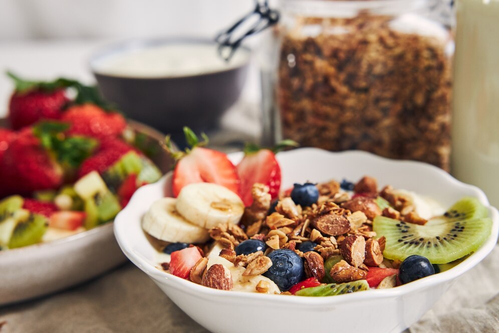 A colorful plate of healthy food options for students.