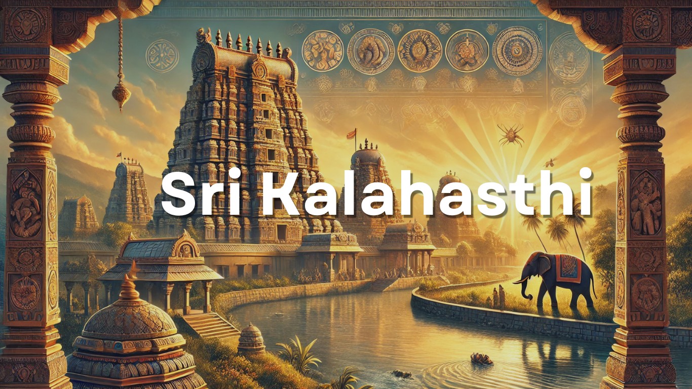 A stunning view of Srikalahasthi Temple in Andhra Pradesh, showcasing its towering gopuram with intricate carvings, the nearby Swarnamukhi River, and symbolic elements of the temple's legends—a spider, a snake, and an elephant.