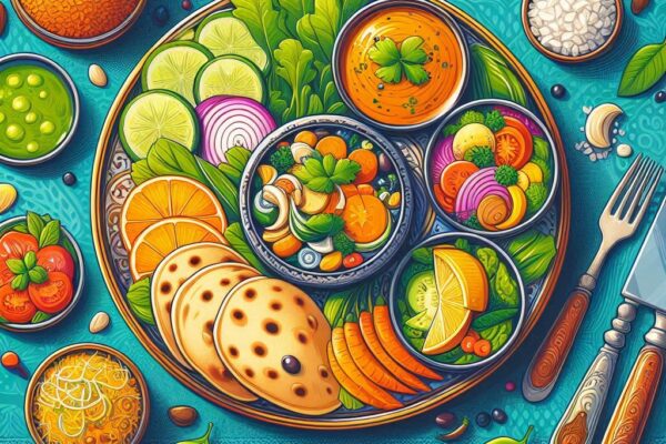 Indian healthy dinner plate with roti, dal, sabzi, and salad