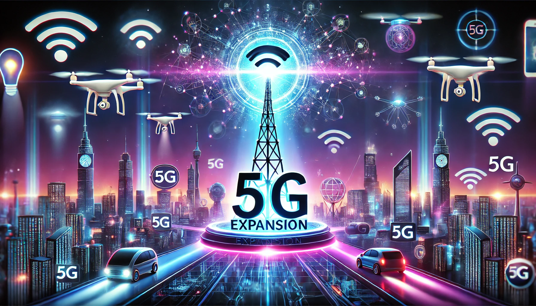 A futuristic skyline symbolizing 5G expansion and global connectivity