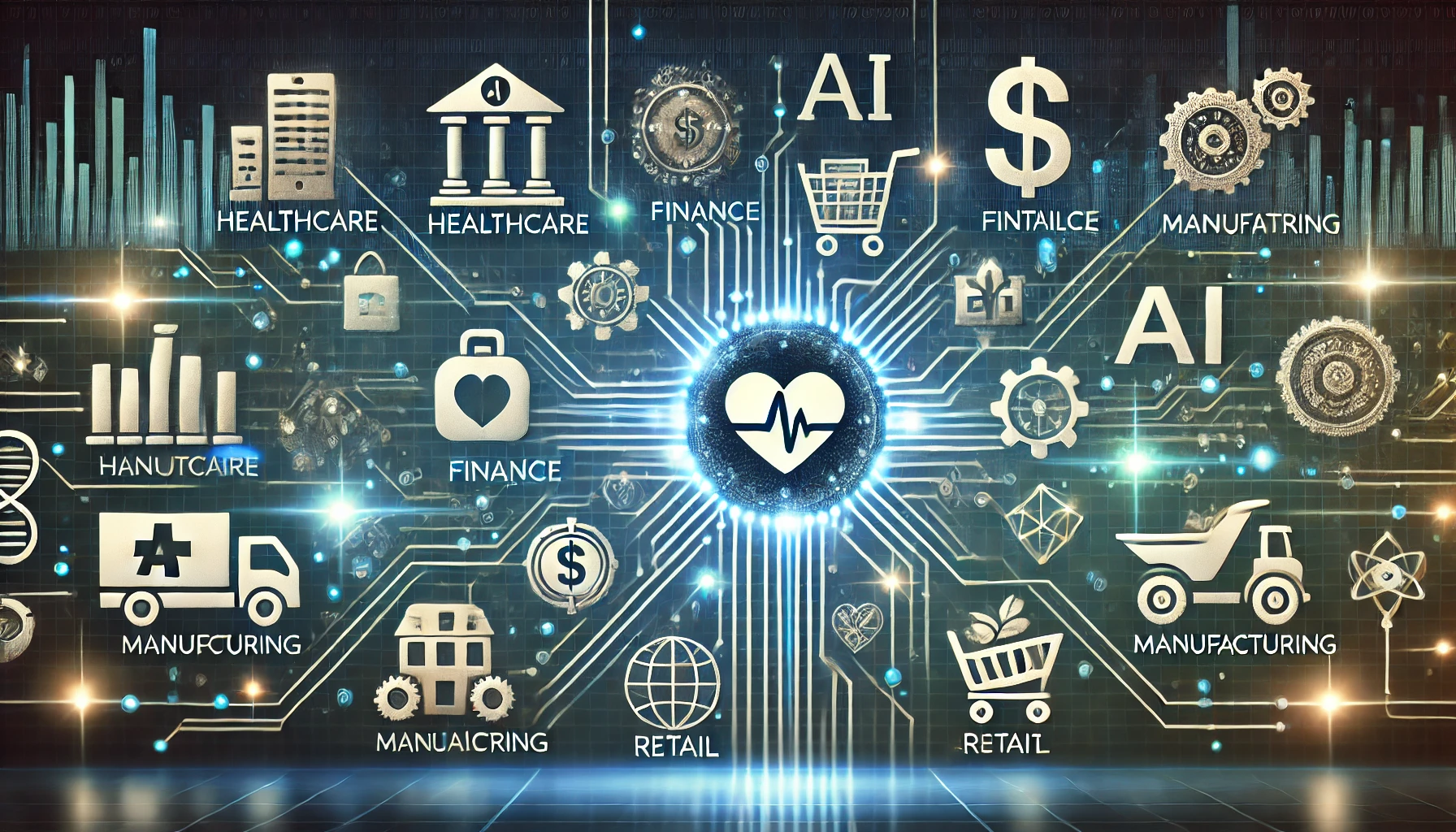 A representation of AI-powered technologies revolutionizing multiple industries.