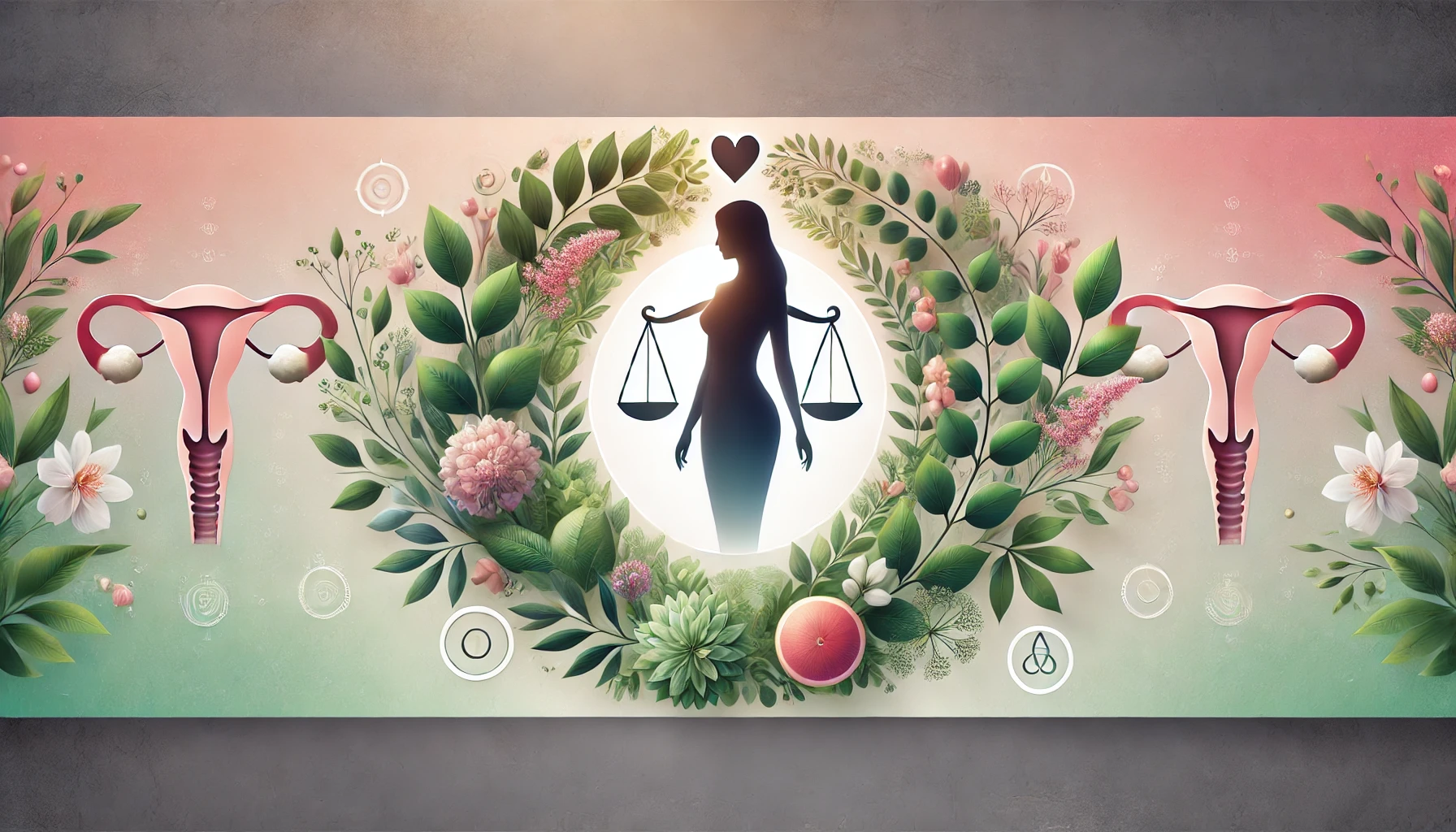 A representation of hormonal balance in women with wellness icons and calming elements.