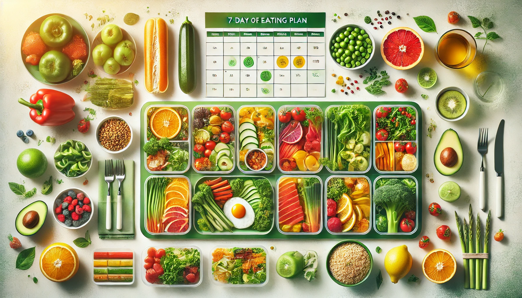 A colorful assortment of healthy meals for a 7-day eating plan featuring fresh fruits, vegetables, and proteins.