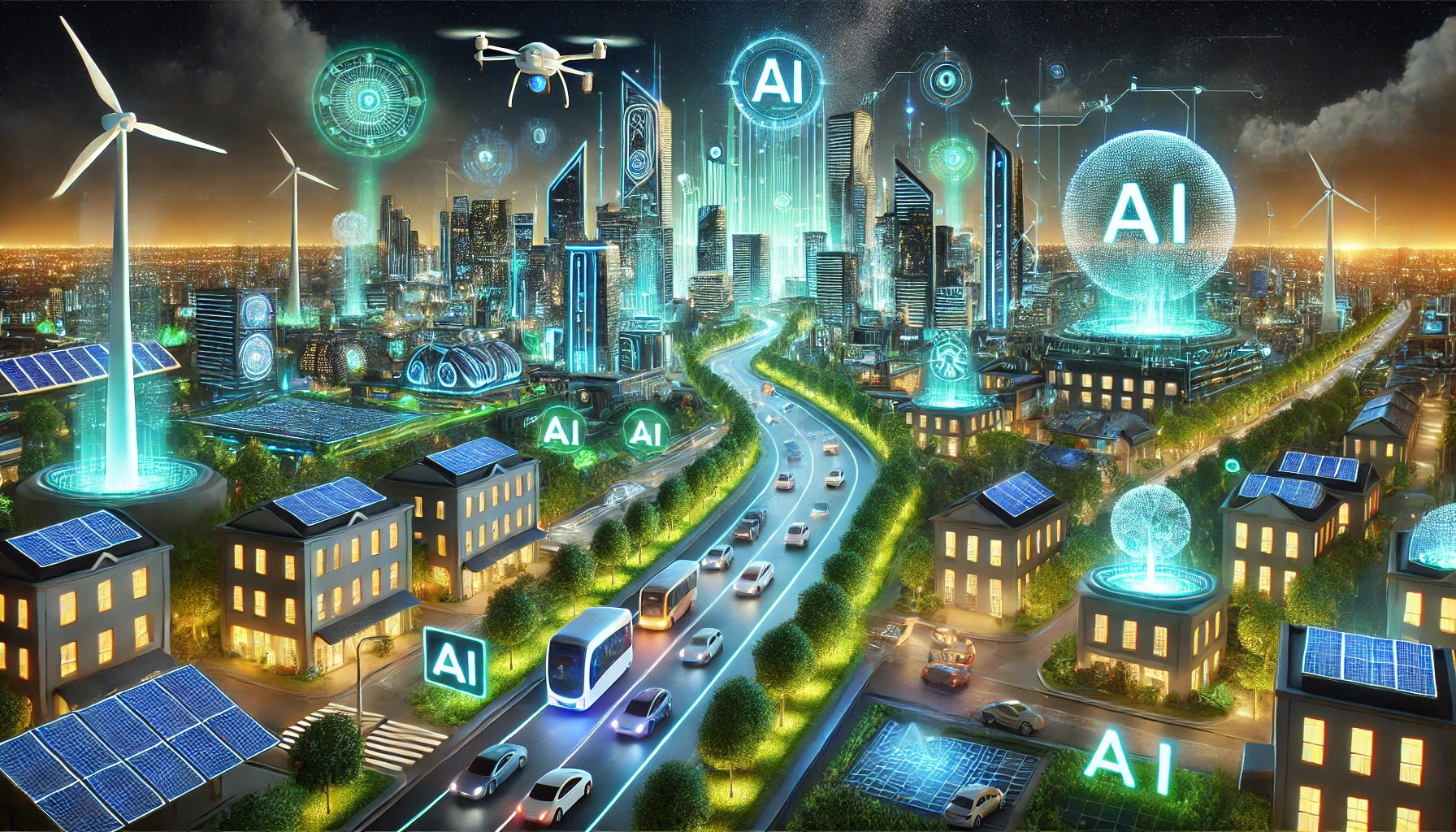 The role of AI in smart cities banner featuring futuristic urban landscapes with AI-driven technologies.