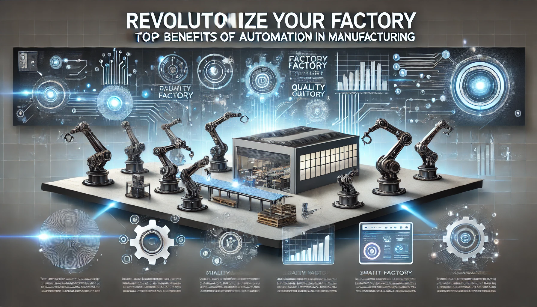 Robotic arms assembling products on an automated manufacturing line.
