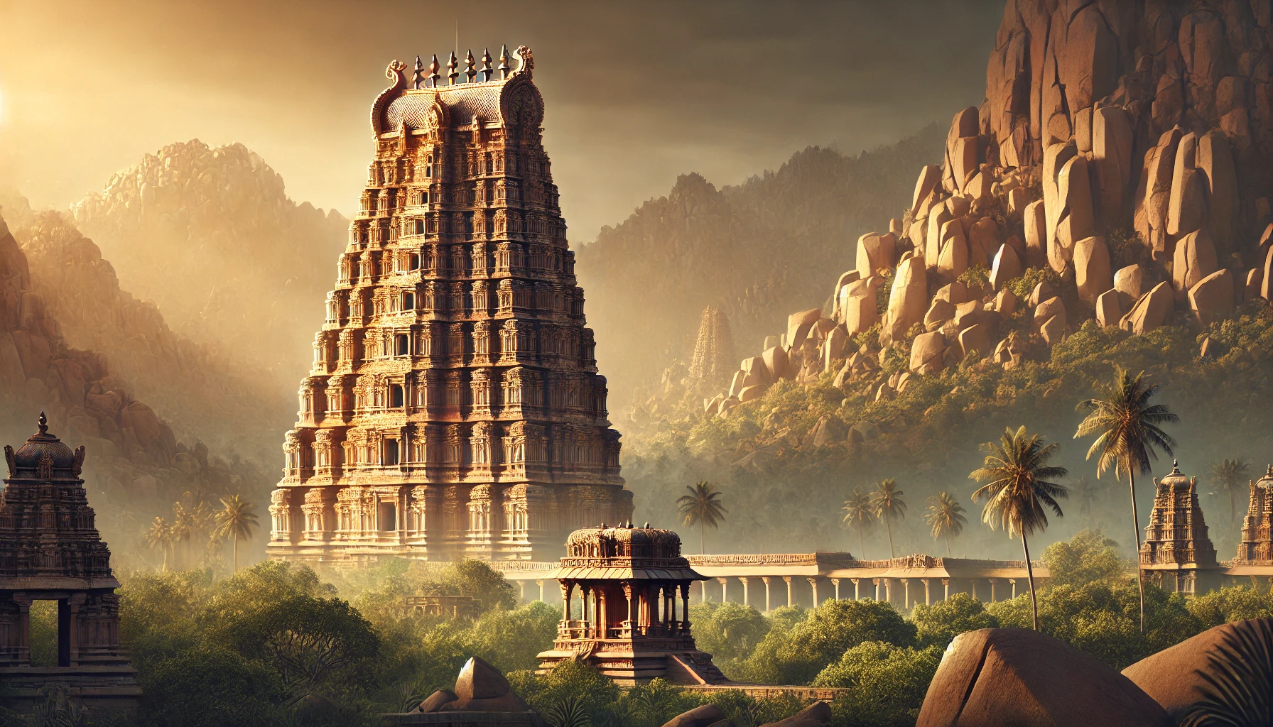 A view of the Virupaksha Temple in Hampi, showcasing its towering gopuram and intricate carvings.