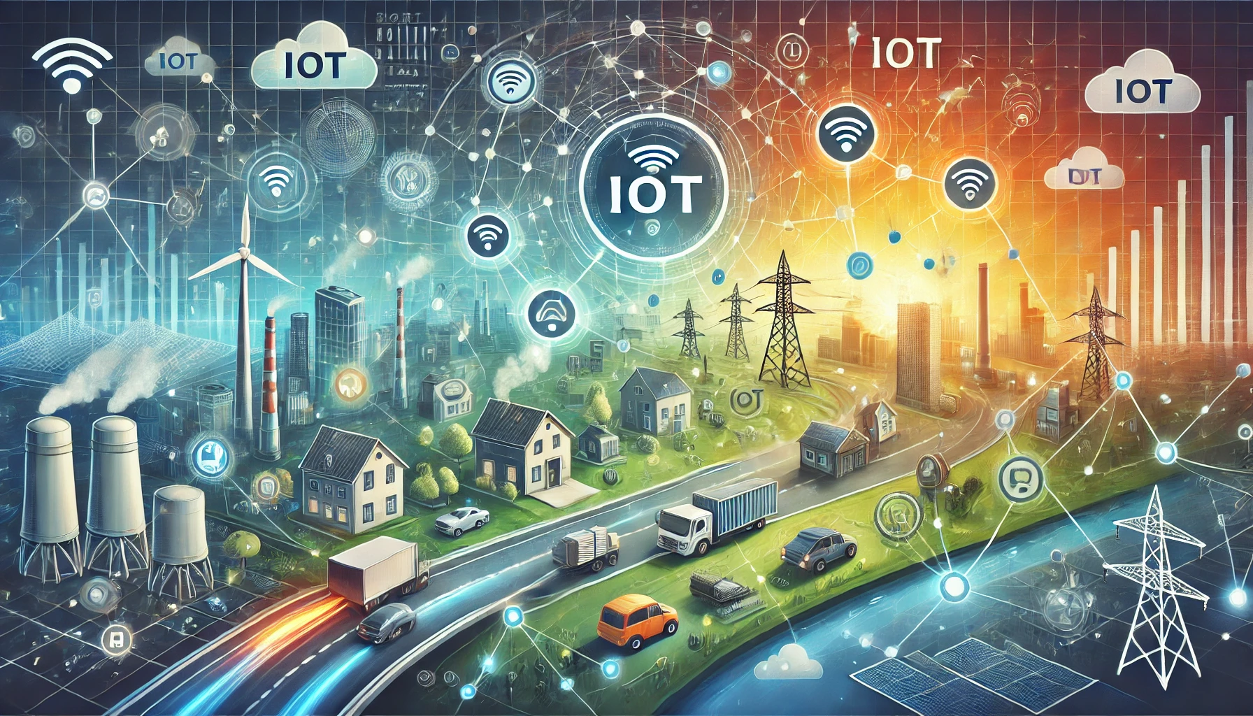 Illustration of IoT devices connecting various smart technologies like smart homes, cities, and industries.