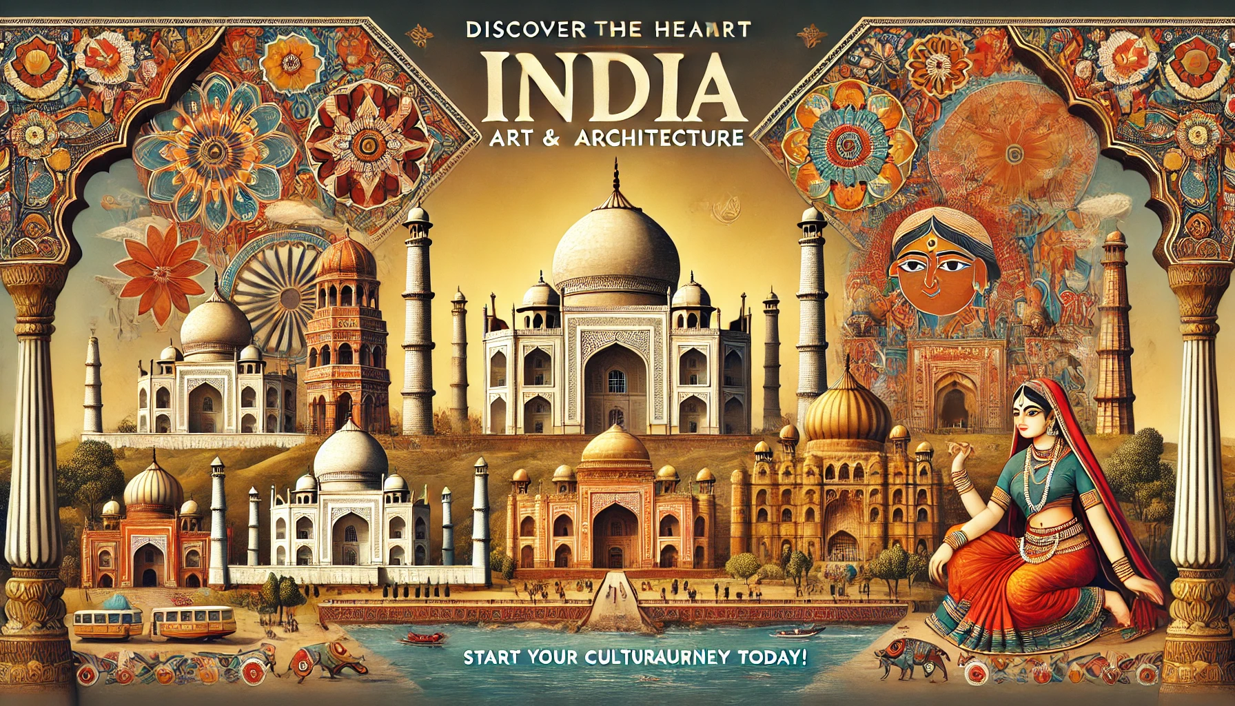 A collage of Indian temples, traditional sculptures, and vibrant paintings depicting India's cultural diversity.