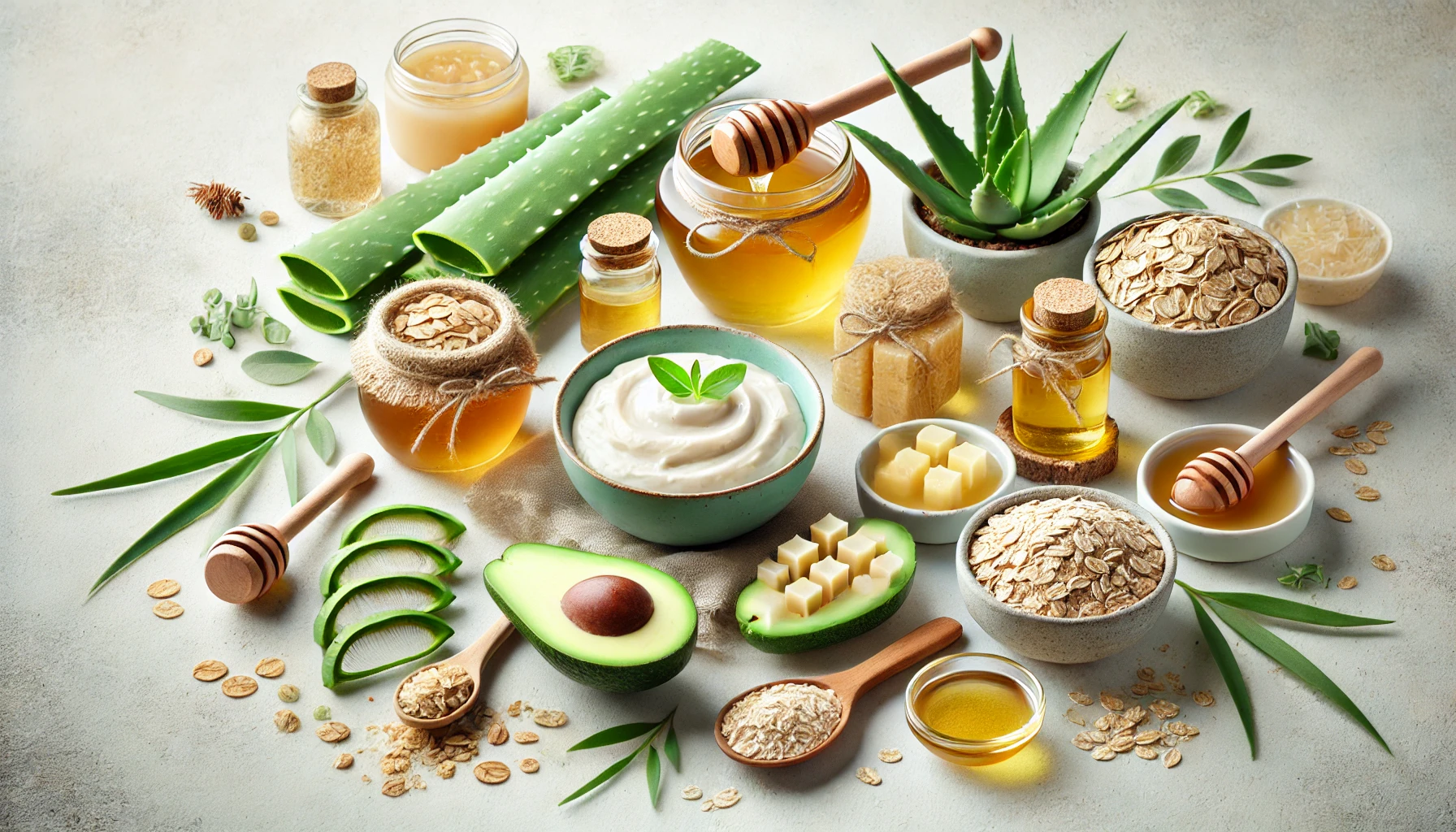 A set of natural ingredients used in DIY skin care routines for different skin types, including fruits, honey, and oils.
