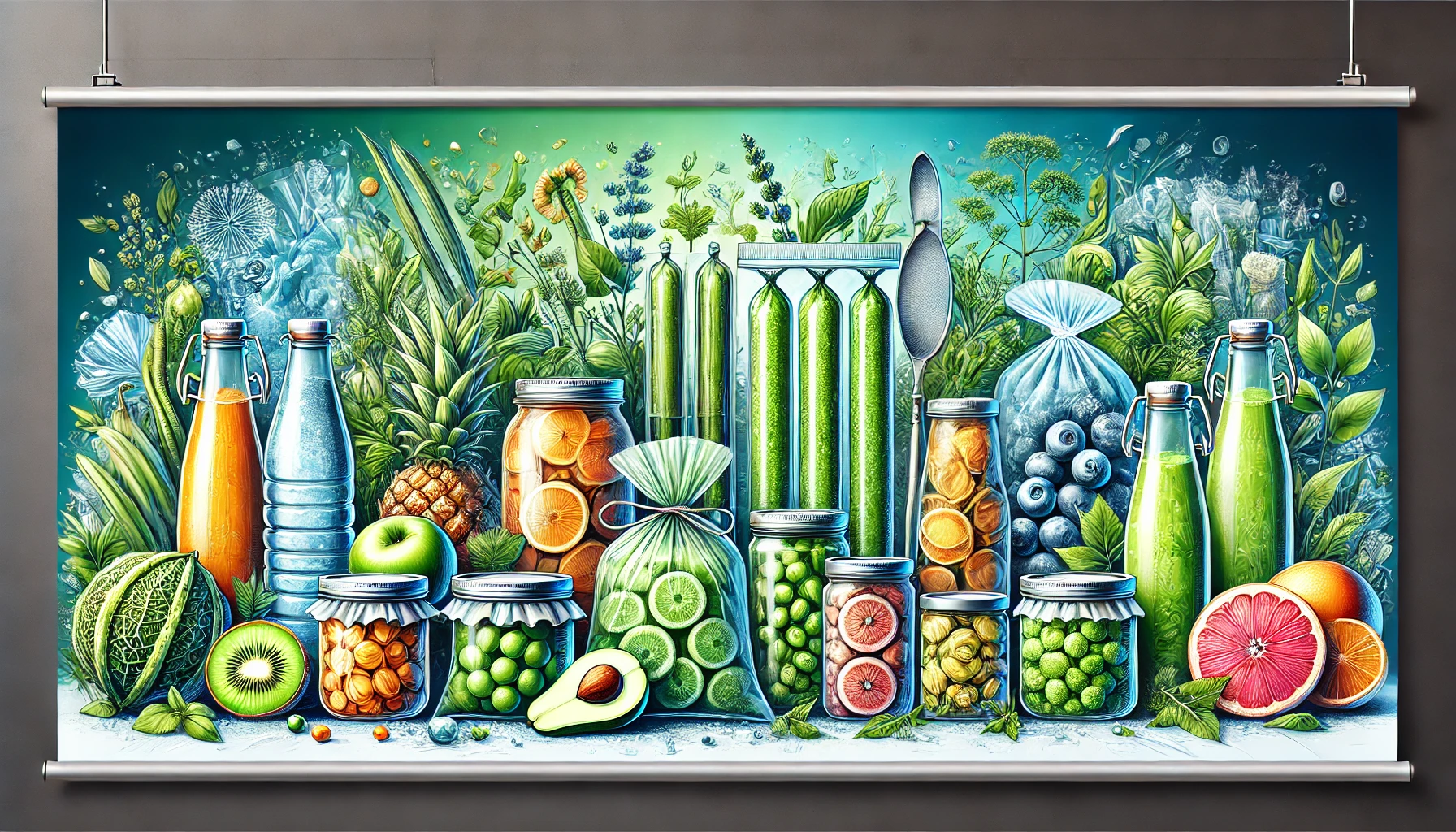 Various food preservation techniques, including vacuum-sealed bags, canned goods, and frozen fruits.