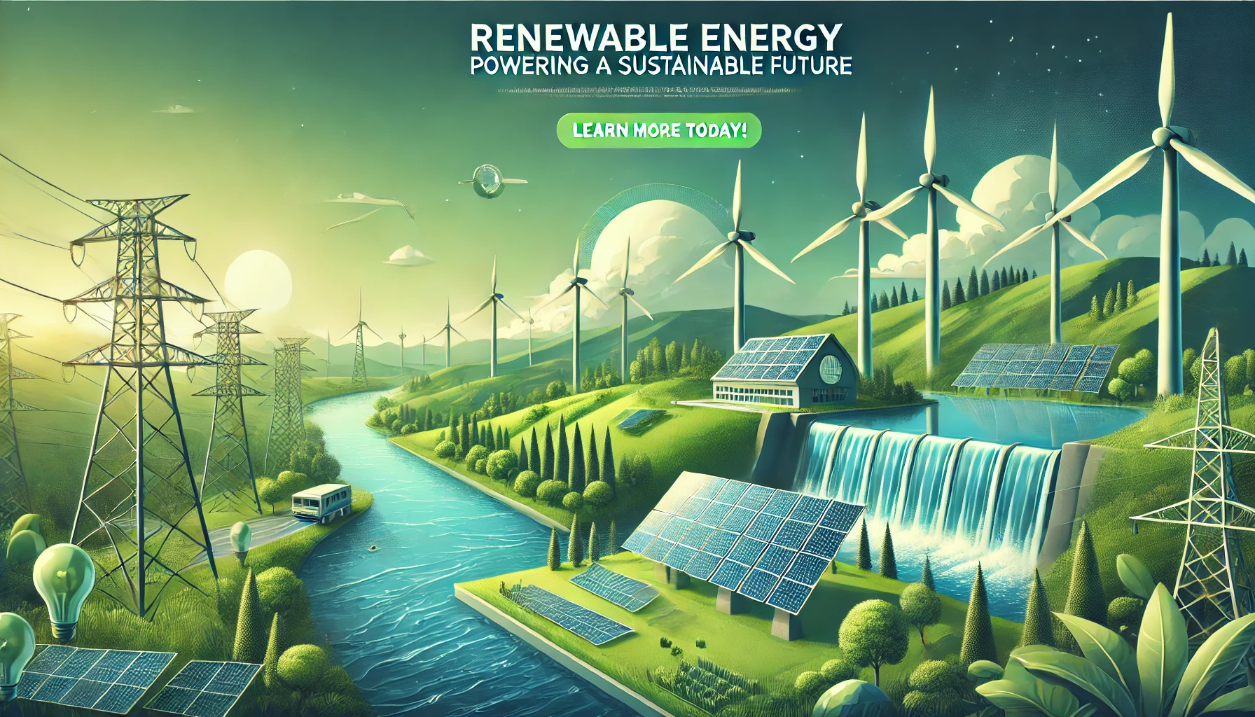 Wind turbines on a green field under a bright blue sky, symbolizing renewable energy's impact on the world.