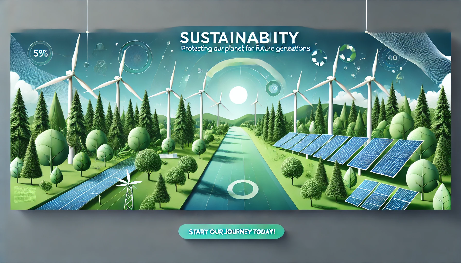 lush green forest and wind turbines representing environmental and sustainable practices.