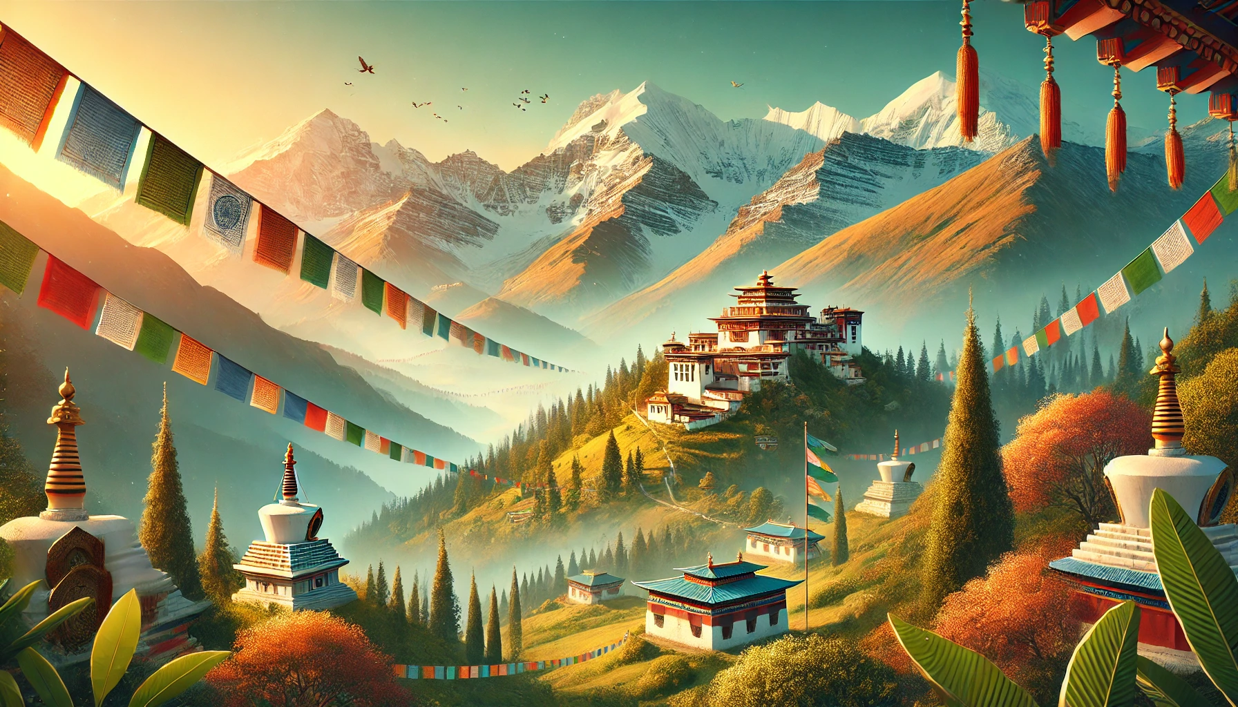 A panoramic view of Arunachal Pradesh’s snow-capped mountains, green valleys, and a Buddhist monastery perched on a hill.
