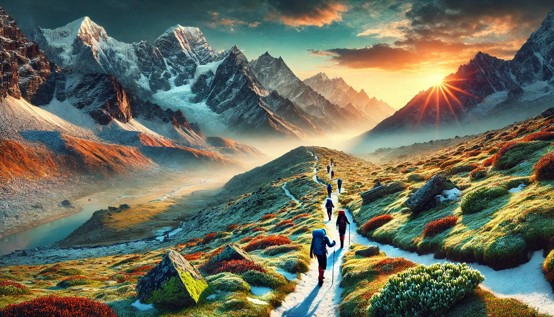 A trekker standing on a Himalayan trail surrounded by snow-capped peaks and vibrant green valleys under a clear blue sky.