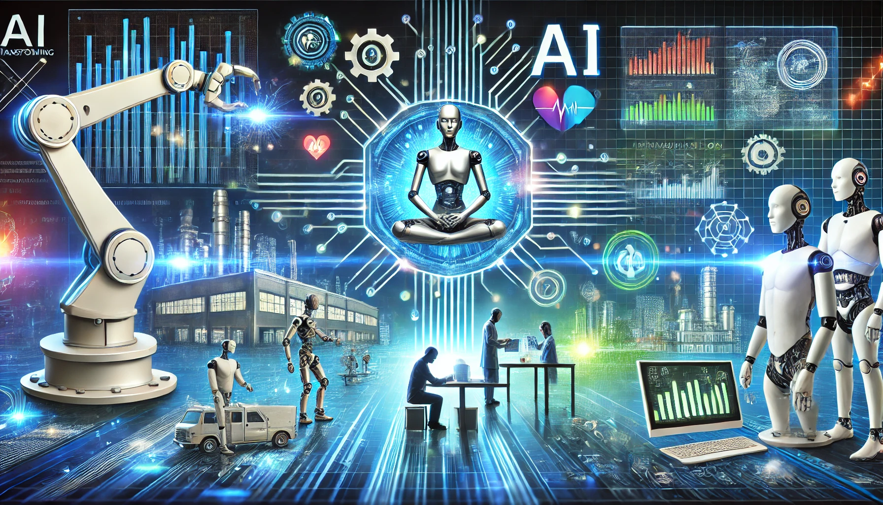 An illustration showing AI applications across industries such as healthcare, finance, and manufacturing, with futuristic icons and data visuals.