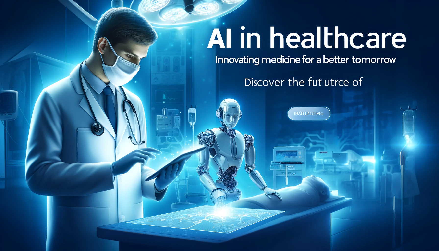 A futuristic healthcare setup with a robot assisting a doctor in analyzing patient data.