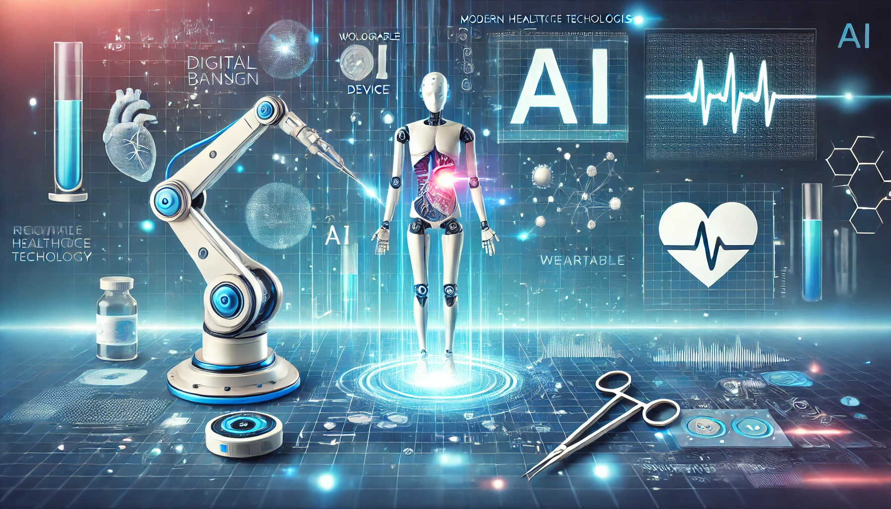 A futuristic healthcare setting with a doctor using advanced medical technology, surrounded by digital health data visuals.