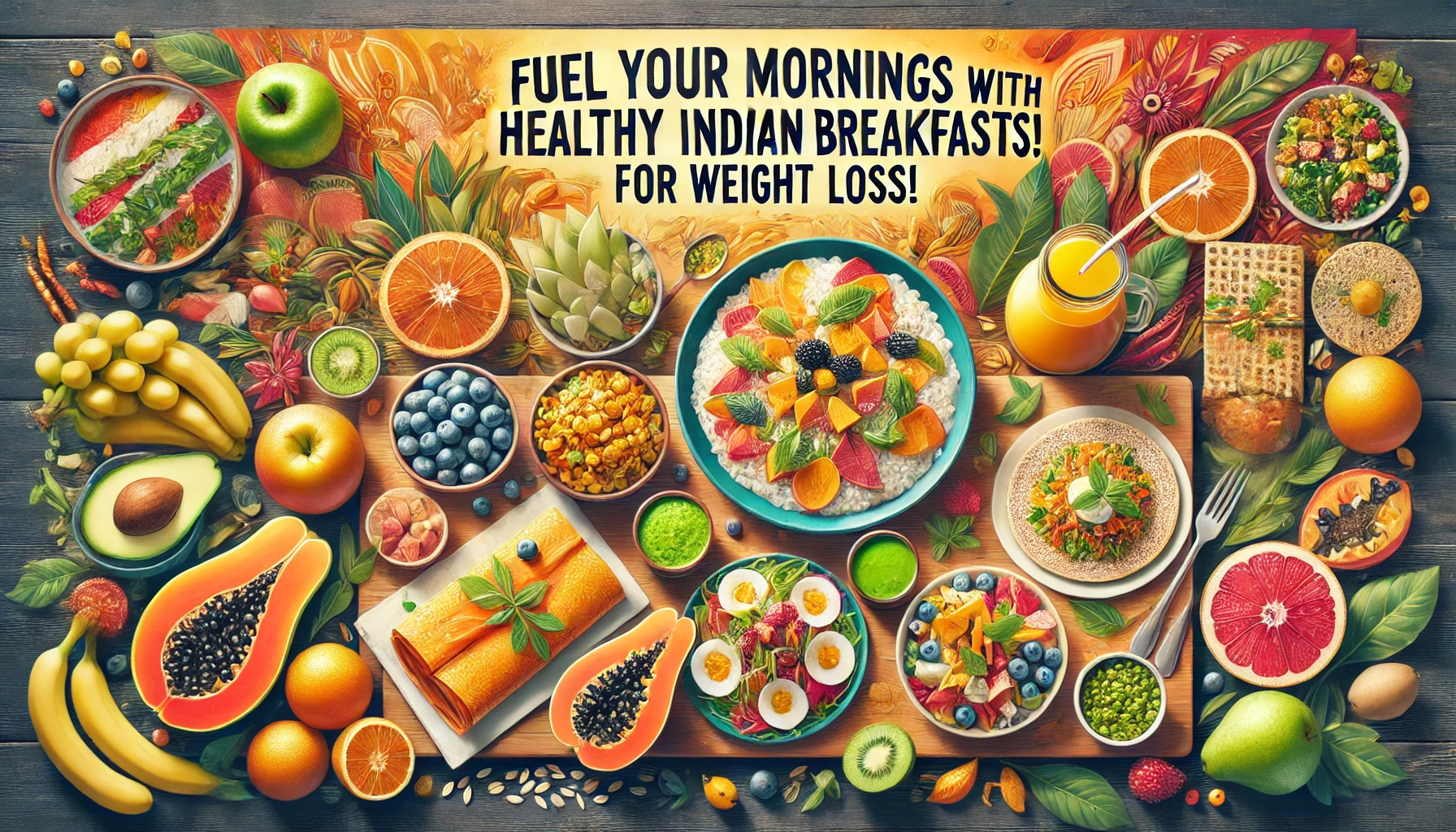 A vibrant spread of Indian breakfast recipes for weight loss, including oats upma, poha, and a bowl of sprouts.