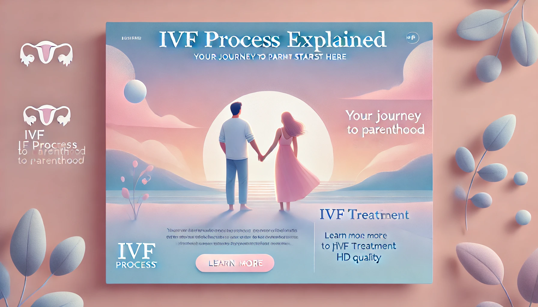 Create a banner with soft pastel colors showing a hopeful couple holding hands. Include the title 'IVF Process Explained' with the tagline 'Your Journey to Parenthood Starts Here.' Add a call-to-action button that says 'Learn More About IVF Treatment'.