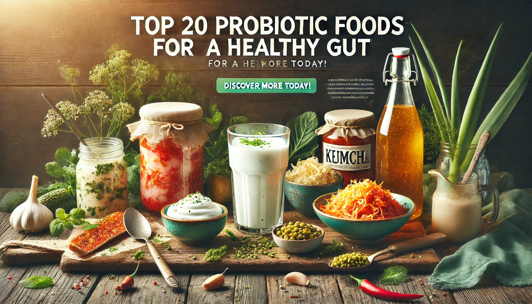 A variety of probiotic foods like yogurt, kimchi, sauerkraut, and kombucha displayed on a wooden table.