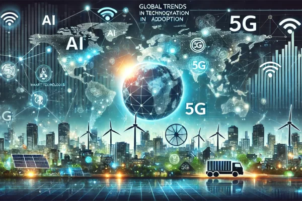 A world map showing regions adopting AI, IoT, and 5G technologies.
