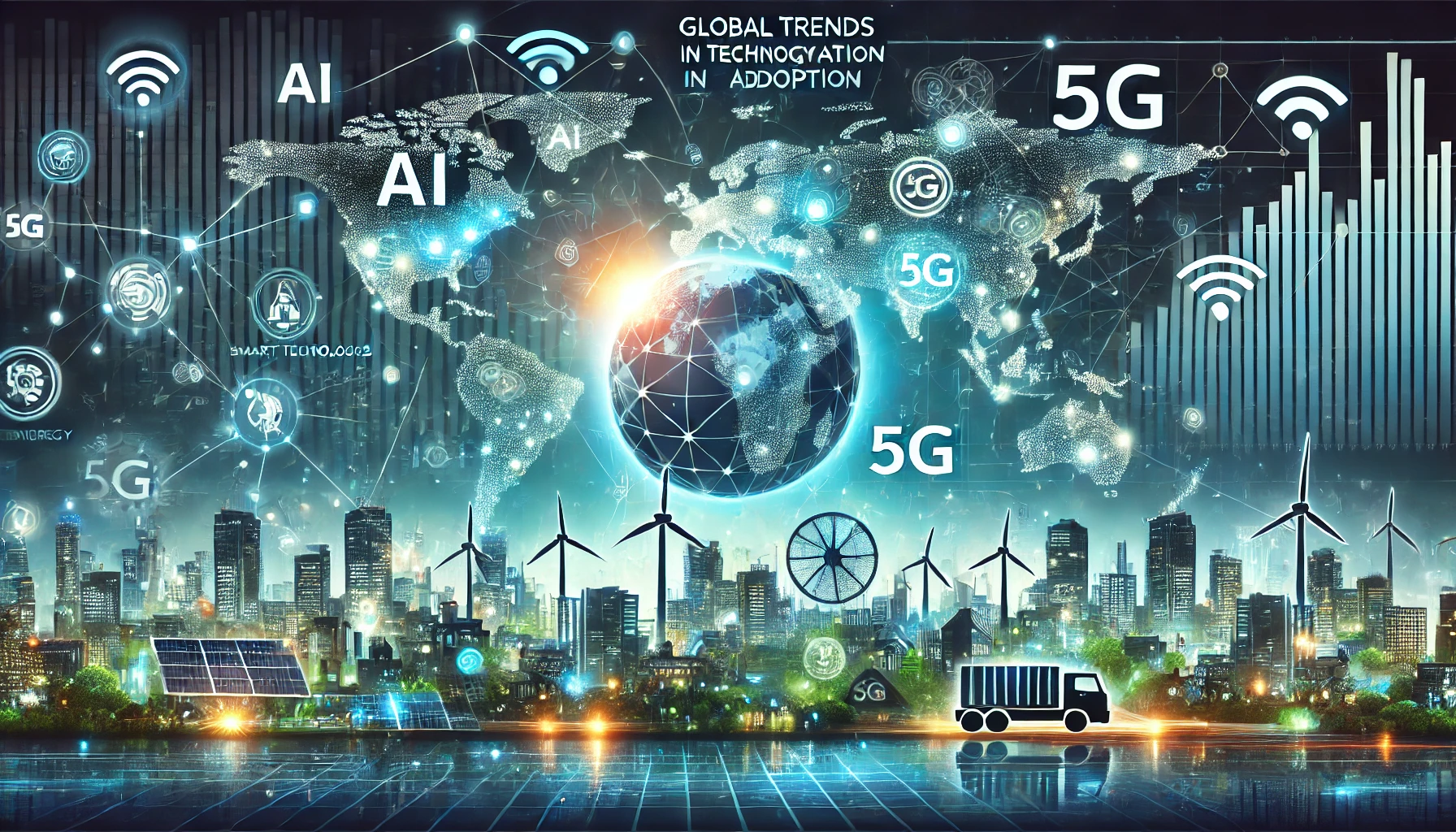 A world map showing regions adopting AI, IoT, and 5G technologies.