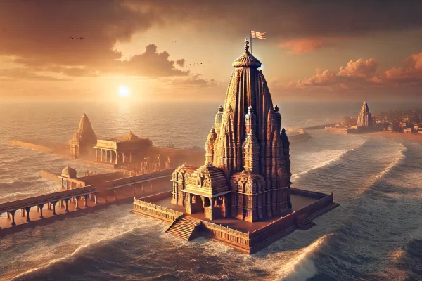 The majestic Somnath Temple overlooking the Arabian Sea in Gujarat, India.