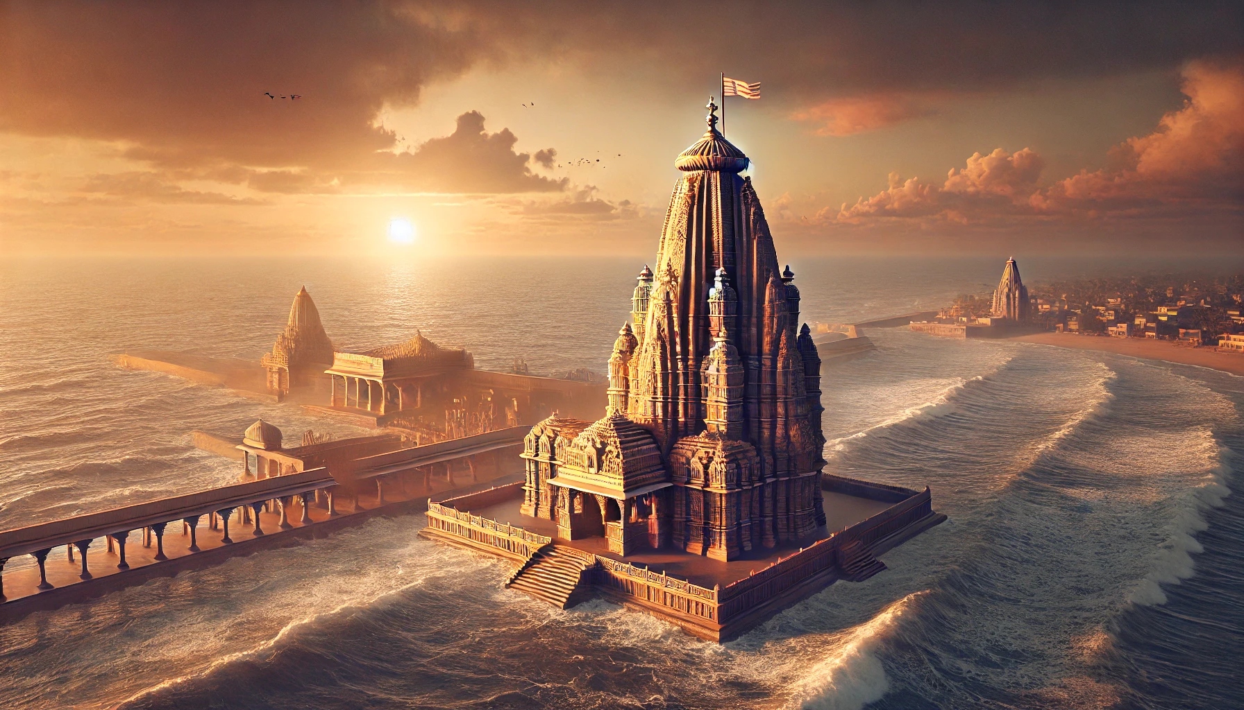 The majestic Somnath Temple overlooking the Arabian Sea in Gujarat, India.