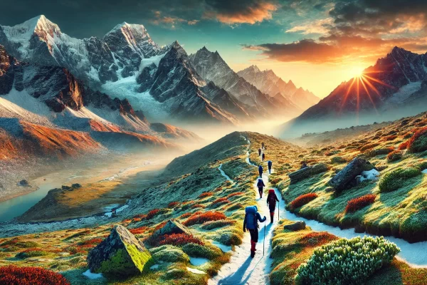 A trekker standing on a Himalayan trail surrounded by snow-capped peaks and vibrant green valleys under a clear blue sky.