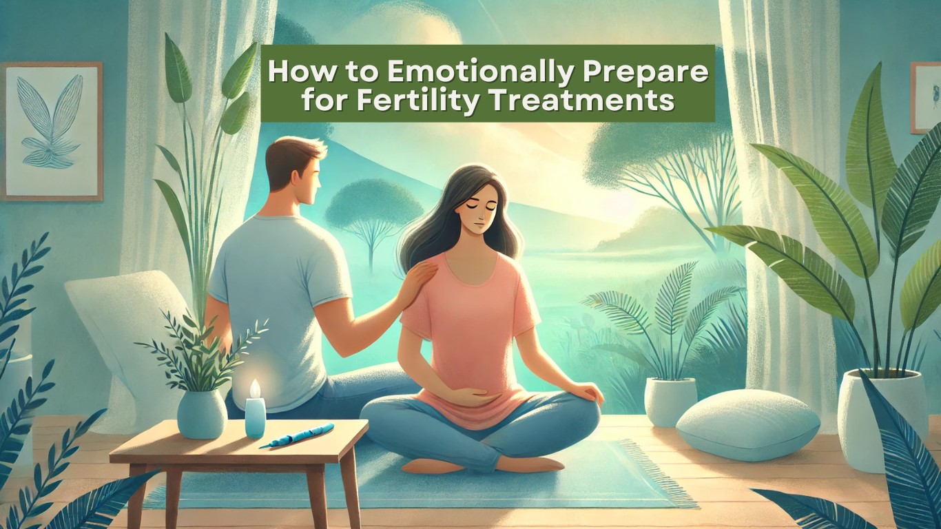 A couple sitting together and emotionally preparing for fertility treatments with supportive and comforting gestures.