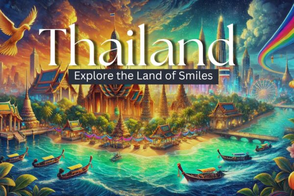 Scenic view of a tropical beach in Thailand with longtail boats and turquoise waters.