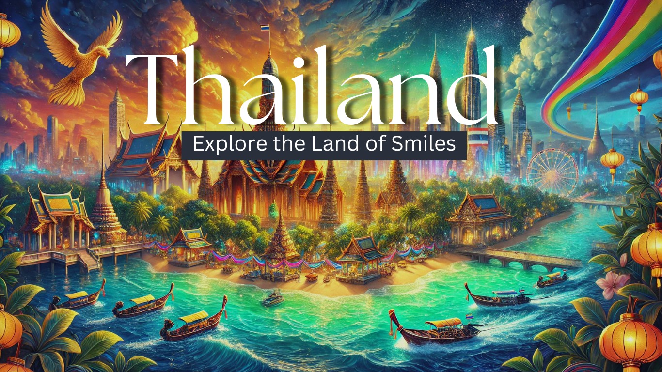 Scenic view of a tropical beach in Thailand with longtail boats and turquoise waters.