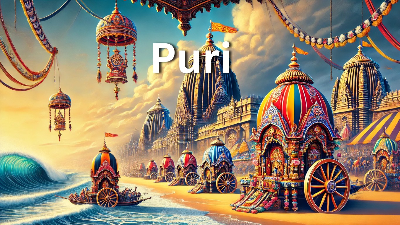 A majestic view of the Jagannath Temple and the serene Puri beach