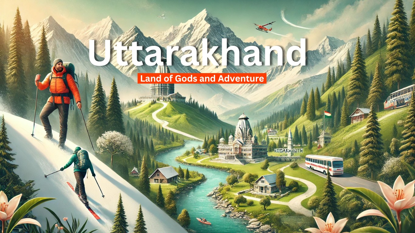 A panoramic view of Uttarakhand’s snow-capped peaks, serene lakes, and lush green valleys.